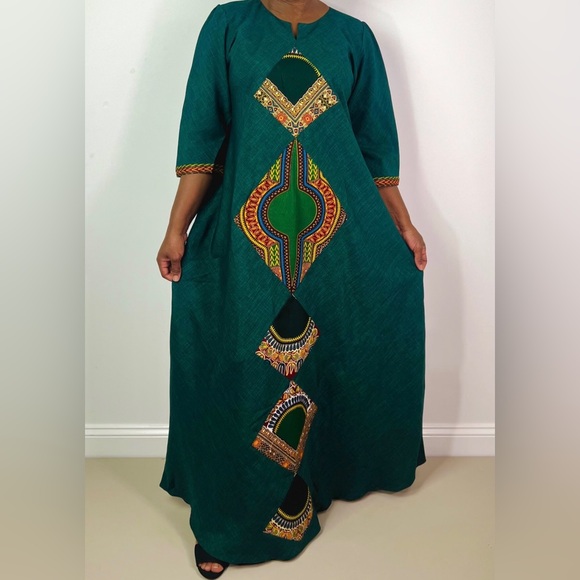 Forest Green Dashiki Print Detail Maxi Notch Neck Dress - Picture 2 of 7